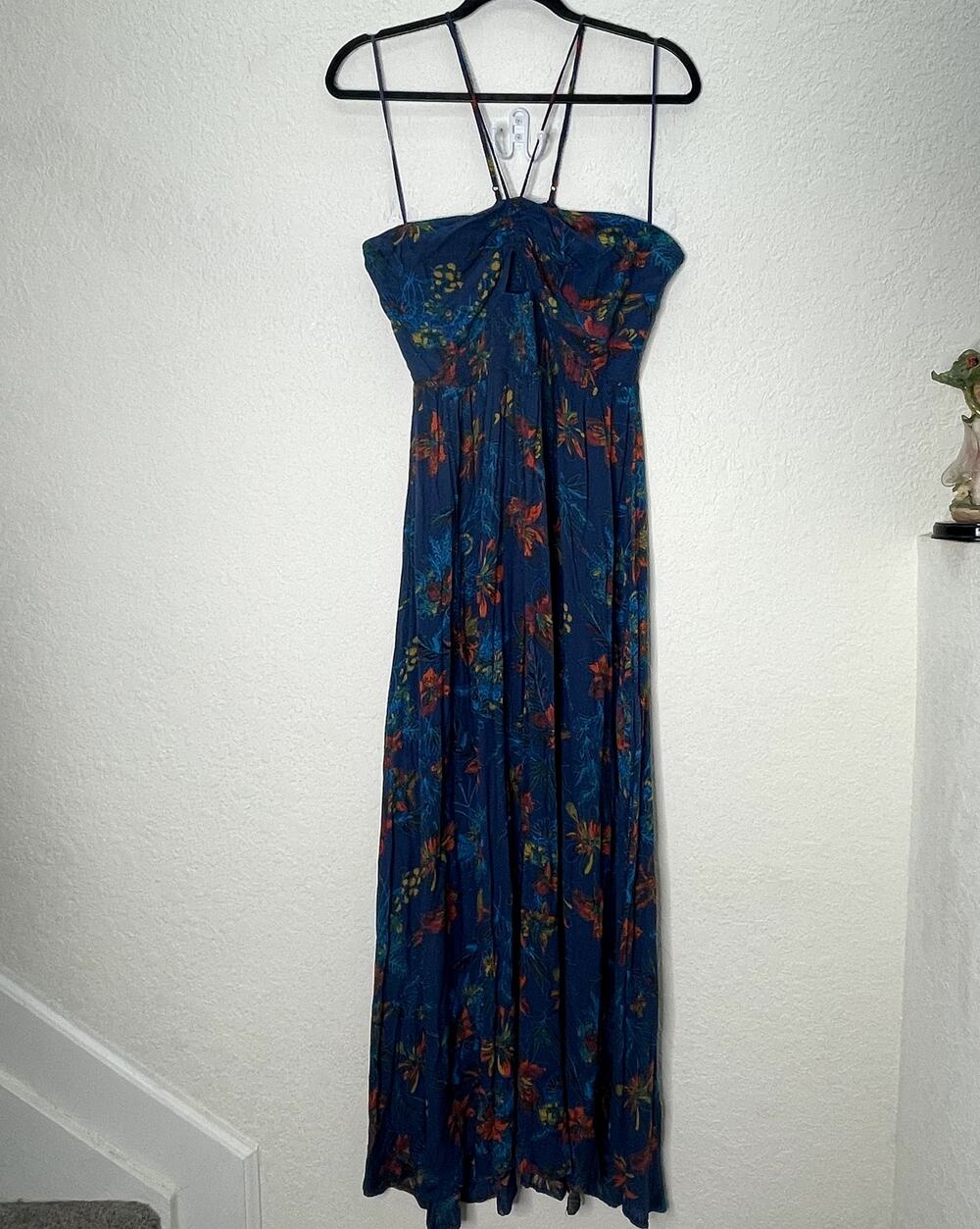 Intimately Free People L Blue Floral Maxi Dress Smocked Halter Strappy Boho